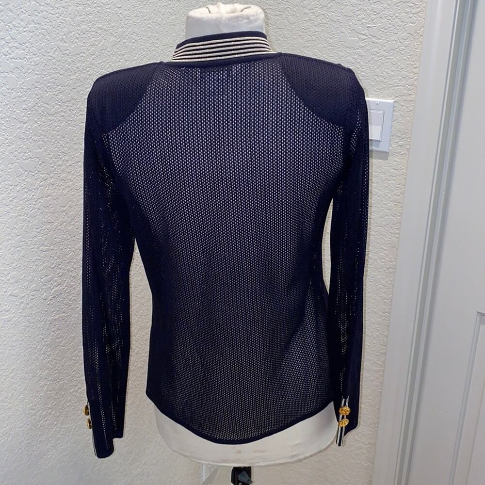 Misook Mesh Zipper Jacket Navy & Gold EUC Sz S Acrylic Navy Blue Cream Acrylic - Picture 5 of 7